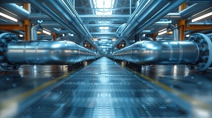 Fototapeta premium Industrial Background, Pipes and conduits running along the ceiling of a modern factory, with a focus on the symmetry and precision of the installation. Illustration image,