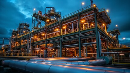 Naklejka premium Industrial Background, Night view of an industrial plant with illuminated pipes and structures, highlighting the continuous operation and activity. Illustration image,