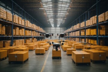 package with drone in warehouse for modern distribution delivery with technology