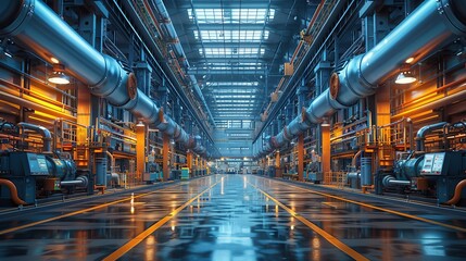 Obraz premium Industrial Background, Wide shot of an oil refinery with extensive piping systems and storage tanks, under a dramatic, cloudy sky. Illustration image,