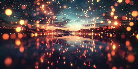 Fototapeta premium The Flickering Void: A dark, mysterious void filled with flashing lights, reflecting off of a distant, indistinct landscape.