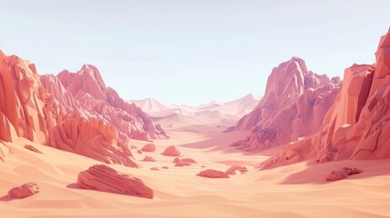 Naklejka premium Create a minimalistic low poly desert with pastel colored dunes and unique rocks.