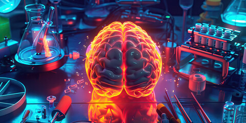 Effervescent Cerebral Cortex: A captivating array of vibrant colors and glowing neon lights emanate from a pair of brain hemispheres, nestled amidst an assortment of scientific apparatus and cutting-e