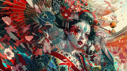  American history, Red White and Blue, vibrant fantasy illustrations bursting with imagination, traditional Japanese kimono patterns, 8k