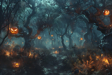 Enchanted halloween forest with jack-o'-lanterns