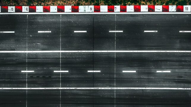 Abstract aerial view of black asphalt with a clear grid line marking the start and finish for race cars on a circuit
