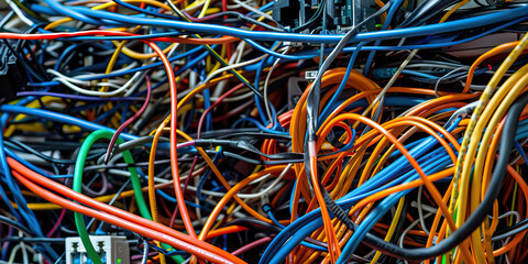 The Synaptic Symphony: A maze of tangled wires, connecting a mess of old and new technology.
