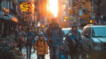 Fototapeta premium Family members commuting to work and school, walking down a busy street