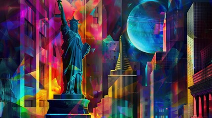 Obraz premium American Justice, American landmarks, whimsical and vibrant illustrations of fantasy worlds, contemporary abstract digital art, High-def