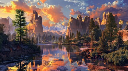 Fototapeta premium American Landmarks, US states, chromatic fantasy landscapes alive with magic, photorealism, HD