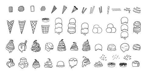 Ice cream constructor in doodle style. Prefabricated  ice cream with various fillings, scoops and triple scoops ice cream and waffle cones. Waffle cones for ice cream. Great for dessert menu design