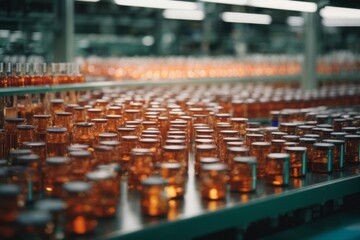 Obraz premium Medical glass bottles containing medicine or serum in pharmaceutical factory