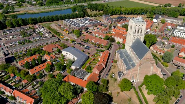 Aerial view of St. Catharijnekerk, St Catherine Church in the fortified city of Brielle, Netherlands.