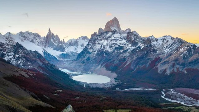 Sunset from a mountain near El Chalten, Patagonia, Argentina with scenes of Fitz Roy and Cerro Torre 