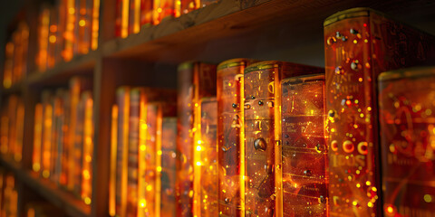 The Synaptic Sizzle of Knowledge: A luminous bookcase, its covers radiating a warm hue of knowledge.