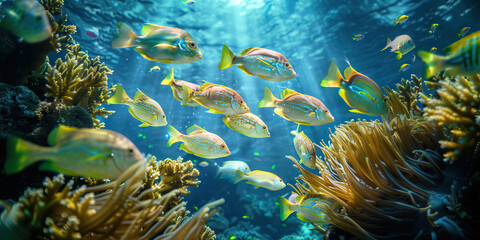 Obraz premium The Abyssal Echoes of the Deep: A school of glowing fish swimming past a underwater camera, framed by an expansive coral reef