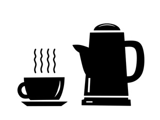silhouette symbol of coffee pot and hot coffee cup . Vector illustration isolated on white. cup of coffee