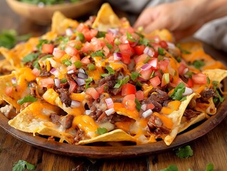 A plate of nachos with cheese and tomatoes. The plate is on a wooden table. A person is reaching for the nachos