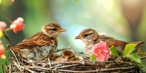 Two baby birds patiently wait in their nest as mother birds return in tranquil surroundings. Concept Nature, Parenting, Wildlife, Animals, Tranquility
