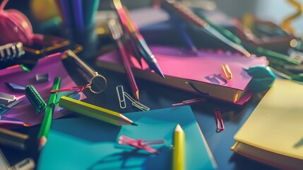 A colorful assortment of school supplies scattered across a desk, including notebooks, pencils, paper clips, and folders. - Powered by Adobe