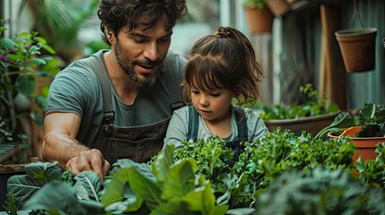 Obraz premium Parents teaching children about gardening in the backyard
