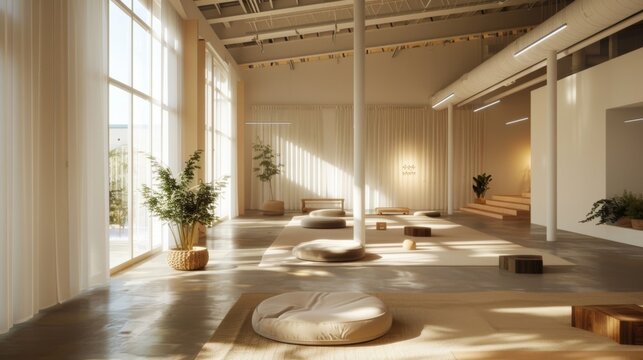 A converted warehouse transformed into a community meditation center with open airy spaces and a modern minimalist design to encourage a sense of inner peace.