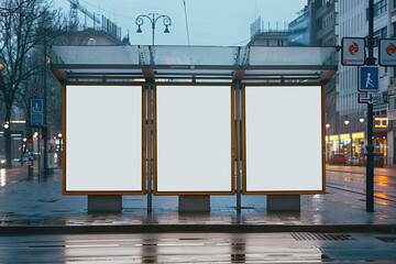 Empty billboard posters at a bus shelter on a rainy city street, perfect for outdoor advertising mockups.