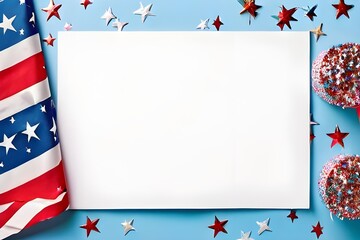 Fototapeta premium Marvel at sight of glimmering USA-themed decor, comprising of stars, confetti, gift boxes enveloped in patriotic flag design. Top view against blue backdrop, blank canvas for text or promo messages