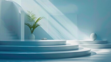 Minimalistic interior with natural light, modern plant decor, and curved staircase creating a serene and stylish space.