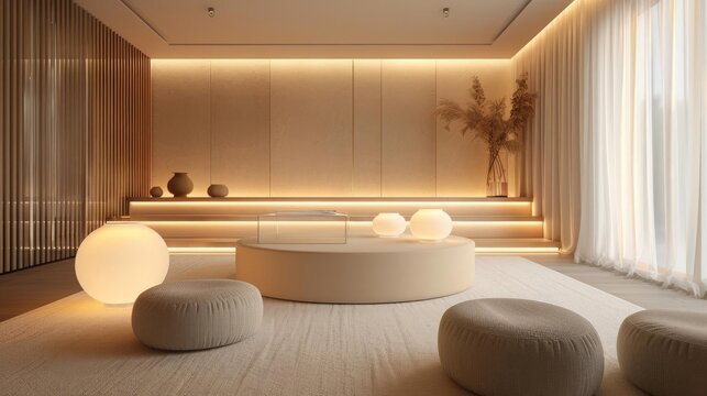 Modern minimalist interior design with ambient lighting, featuring round seats and a circular table in a serene, well-lit room.