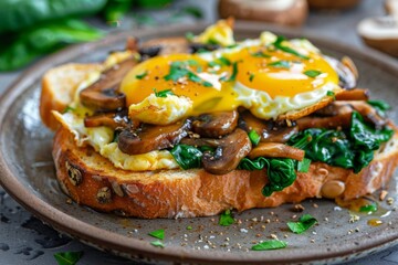 A close-up of an egg toast sandwich with sautéed mushrooms and spinach, on a rustic plate