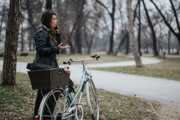 Stylish young woman, a confident businesswoman, discusses on her mobile phone near a vintage bike in an outdoor setting.