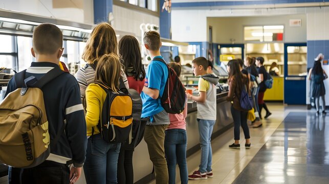 Students standing in line at a school cafeteria, waiting to get their lunch. They carry backpacks and engage in casual conversation. - Powered by Adobe