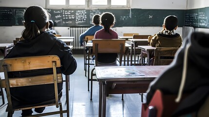 Students sitting in a classroom diligently listening to a lesson, with focus on the blackboard in the background. Multicultural and mixed ages.