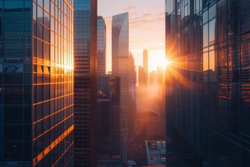 A dawn cityscape with modern architecture and the sun rising behind glass buildings