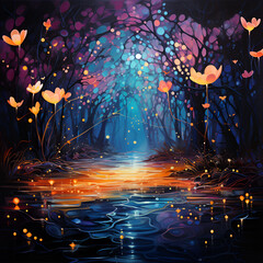 Obraz premium A serene painting of a river adorned with vibrant flowers 