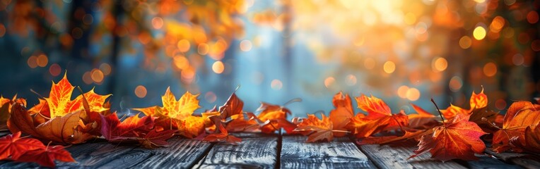 Autumnal Delight: Colorful Fallen Leaves on Rustic Table for Happy Fall, Halloween, Thanksgiving Greeting Card or Banner with Bokeh Lights