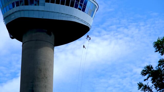 Tourists take part in an abseiling adventure activity, and descend on a rope from the Euromast tower in the City of Rotterdam, South Holland, Netherlands.