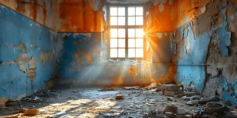 A photograph capturing an abandoned room with peeling paint, rubble, and sunlight streaming through a window. Concept Abandoned Spaces, Urban Decay, Sunlight, Interior Photography