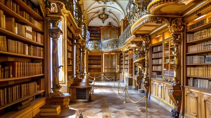 A grand, ornate library filled with ancient books, wooden shelves, and intricate architectural details. The elegant design exudes historical and intellectual charm.