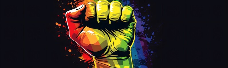 Close up of a raised fist with LGBT rainbow flag