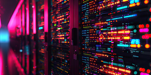 Obraz premium The Code Based Universe: A universe of code, consisting of spinning hard drives, blinking server racks, and glowing terminal windows