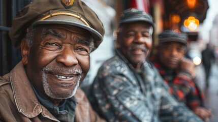 Veteran camaraderie: African American men and women sharing war memories over coffee on sunny day with flag backdrop