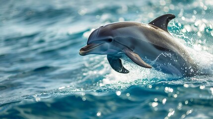 Naklejka premium A playful dolphin leaping out of the crystalclear ocean water,