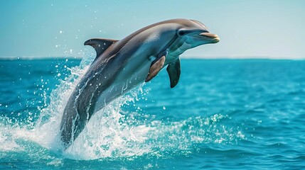 A playful dolphin leaping out of the crystalclear ocean water,
