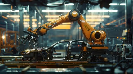 Automotive assembly car industry 4.0 factory with advanced IoT automated autonomous robot arms technology on 5G system. Industrial revolution background.