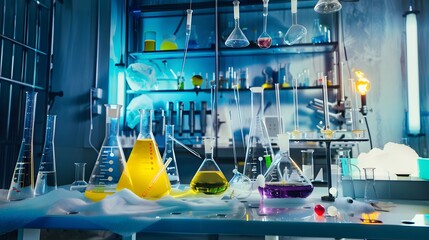 A vibrant chemistry lab scene with various colorful chemical solutions in glassware, illustrating a...