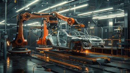 Fototapeta premium Automotive assembly car industry 4.0 factory with advanced IoT automated autonomous robot arms technology on 5G system. Industrial revolution background.