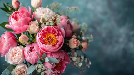Fresh Pink Peonies and Roses Bouquet with Copy Space