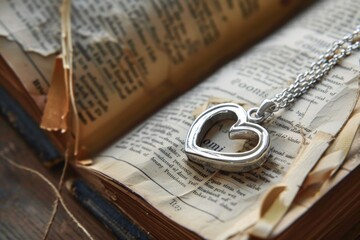 A heart-shaped pendant with an open design, resting on a book of poetry